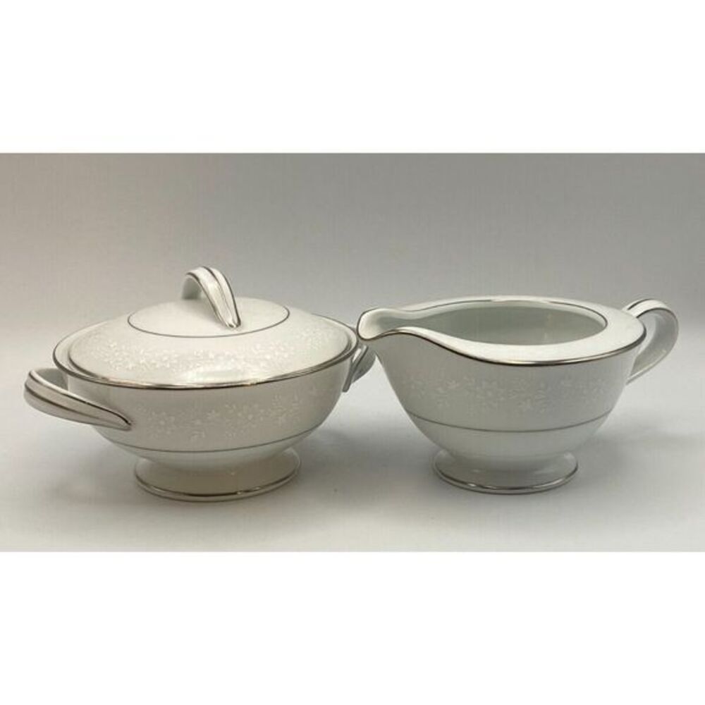 Noritake Buckingham Sugar Bowl‎ and Creamer Set White on White Lace 6438